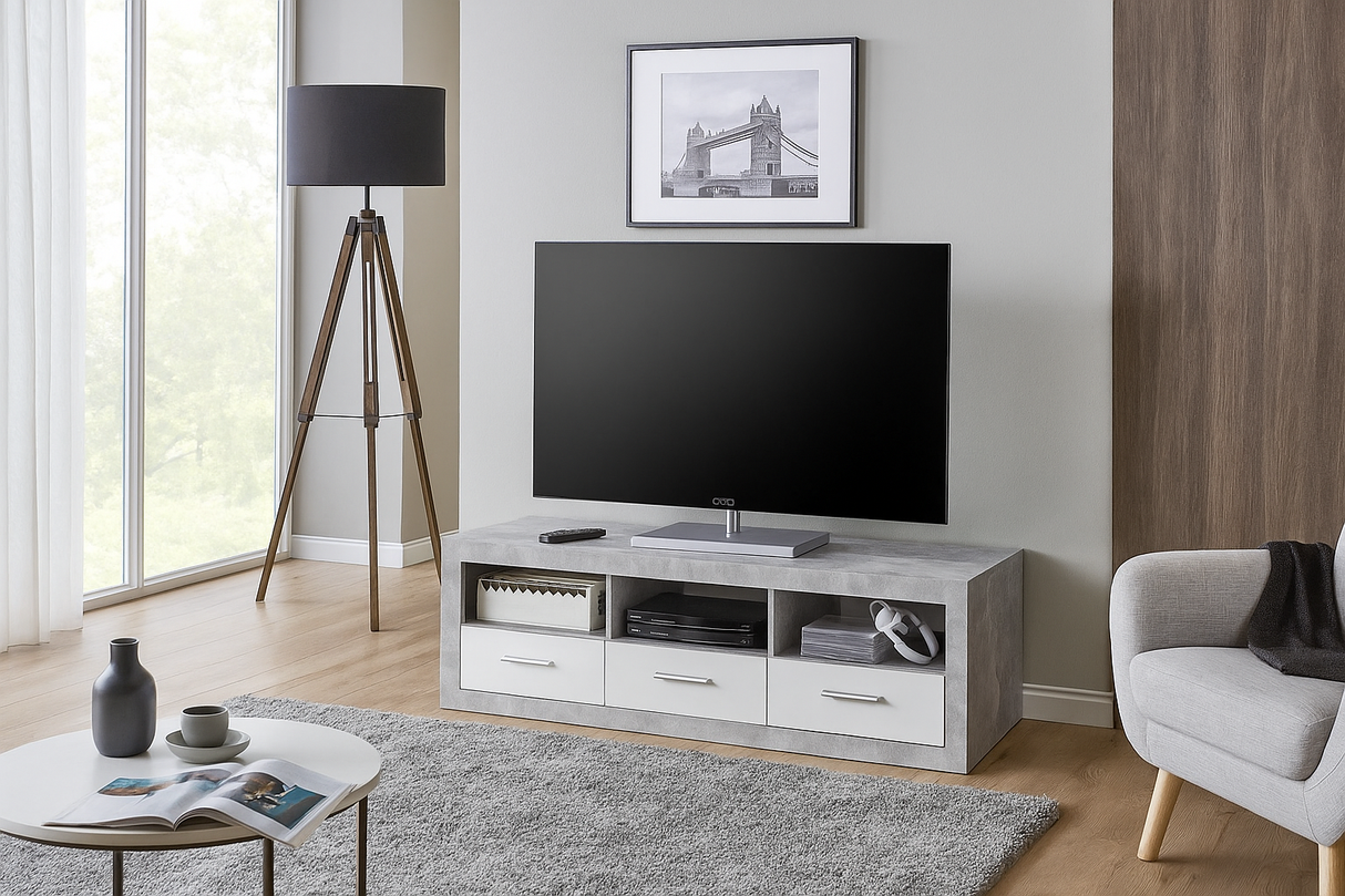 Cementara Concrete Grey Effect and White High Gloss TV Cabinet with Drawers P9BBGS63