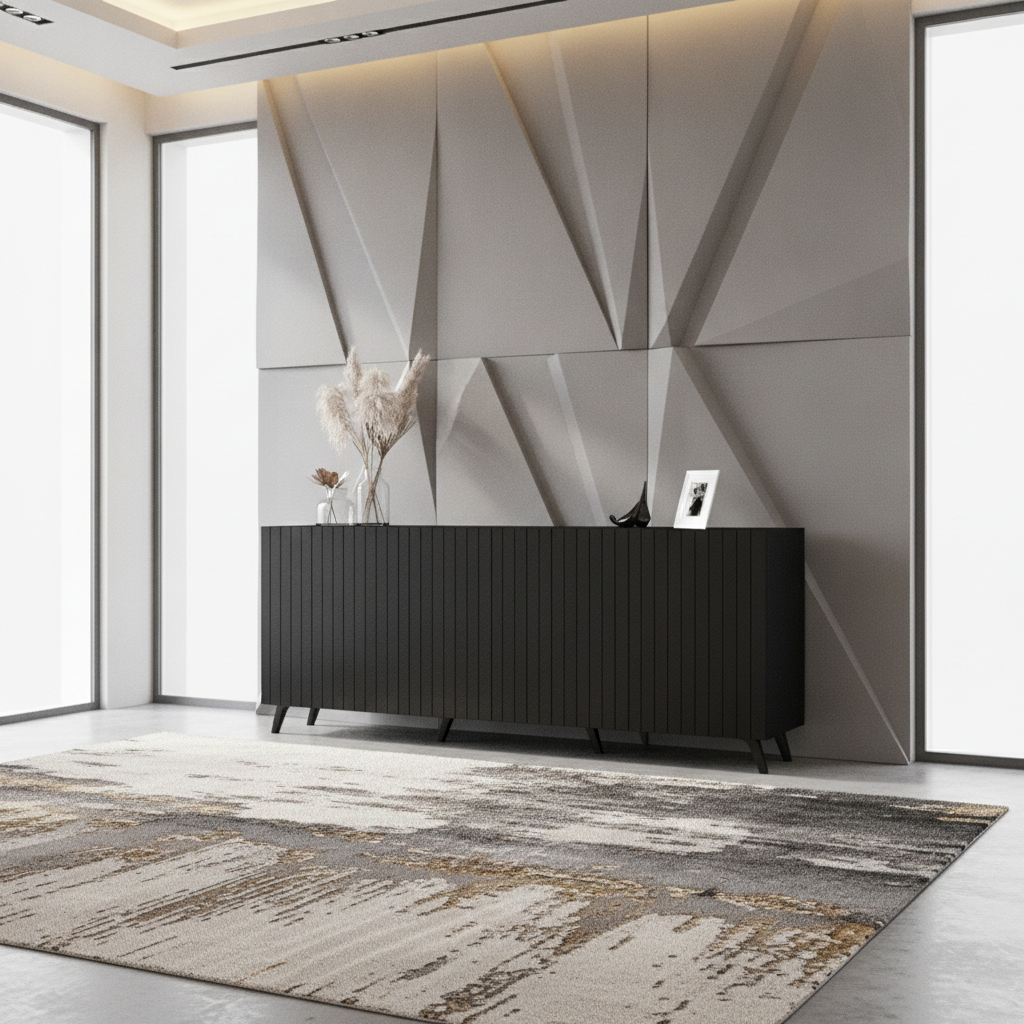 Nora Matte Black Slatted 4 Door Wide Elegant Sideboard