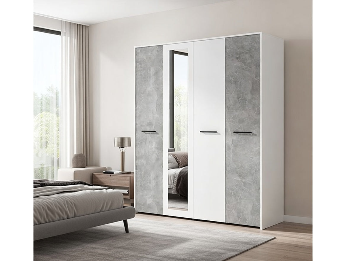 Varadero White And Concrete Grey Effect 4 Door 157cm Mirrored Wardrobe - 11011615rz
