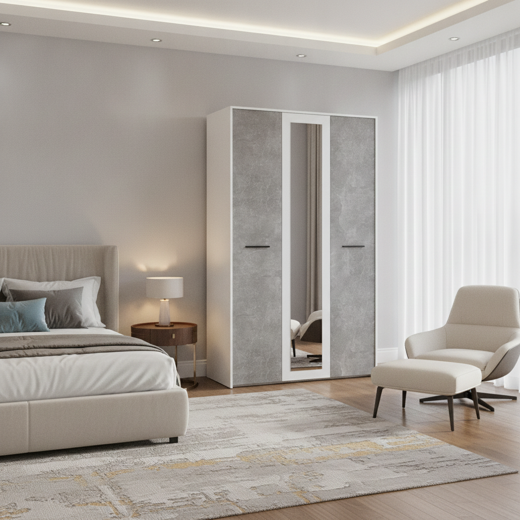 Varadero Modern 3-Door Wardrobe with Concrete and White Finish - 11011616