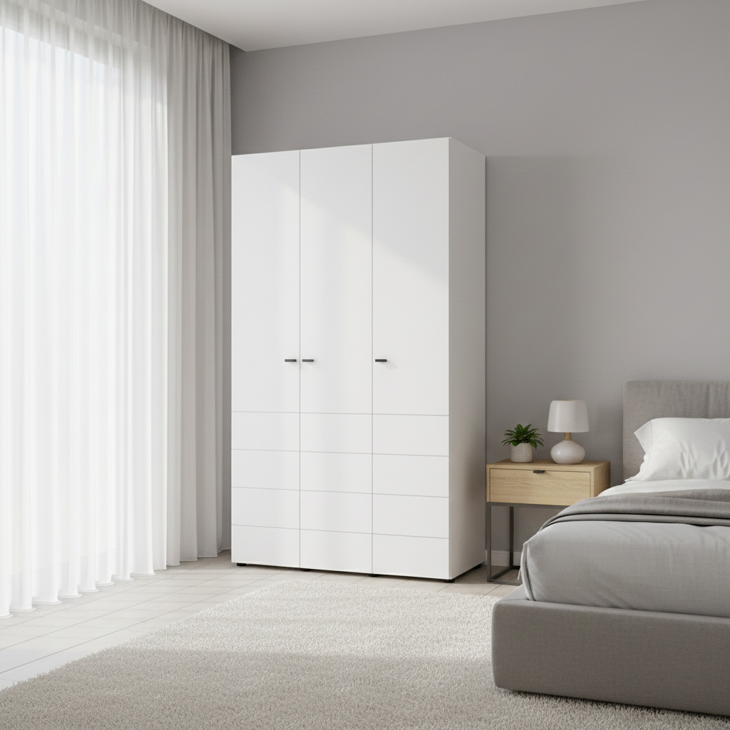 Nevaris White Narrow 3 Door Space-Saving 117cm Wide Wardrobe - 11014949