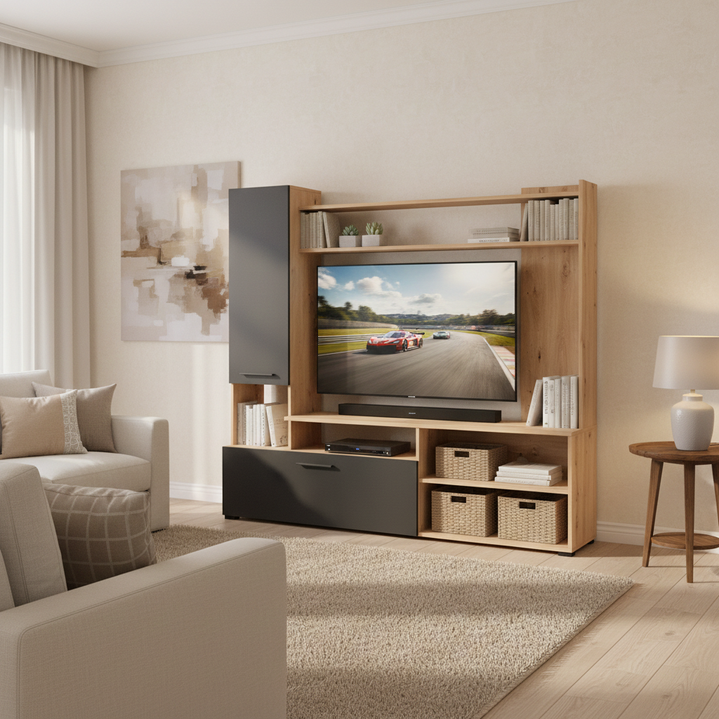 Algarve Artisan Oak Effect And Black Entertaiment Unit Wall TV Cabinet - 11011452