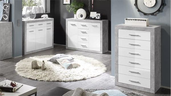 Cementara Concrete Grey and White High Gloss Tallboy Chest of Drawers P9BBGS46