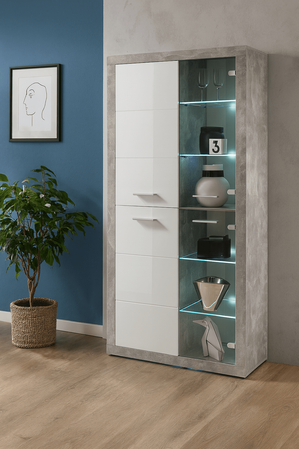Cementara Grey and White High Gloss Tall 4 Door Display Cabinet P9BBGS02