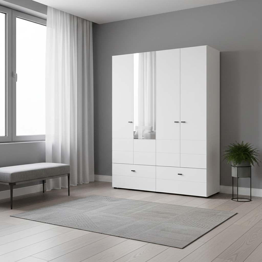 Nevaris White Narrow 4 Door 2 Drawer Space-Saving 155cm Wide Combination Wardrobe - 11014883