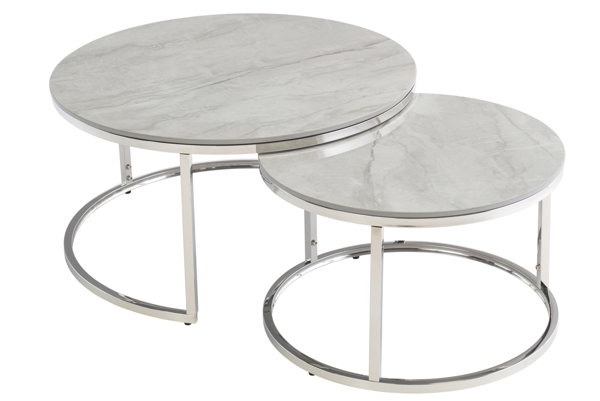 Handsome Round Coffee Table Set in Grey Marble