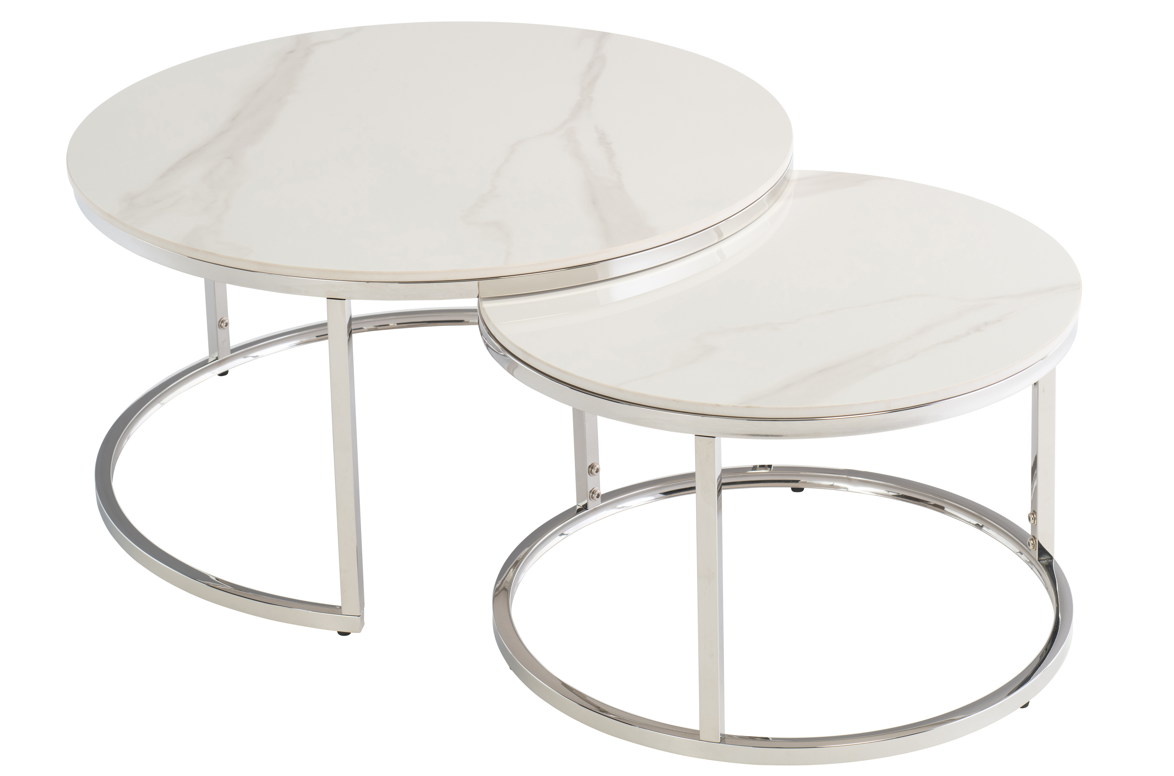 Handsome Round Coffee Table Set in White Marble