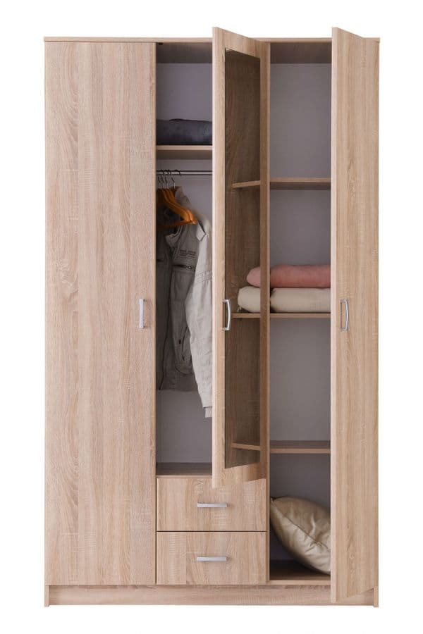 Leo Oak Effect 3 Door 2 Drawer Triple Wardrobe with Mirror - 11008709
