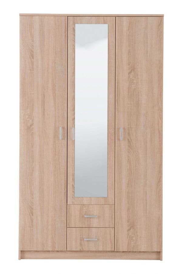 Leo Oak Effect 3 Door 2 Drawer Triple Wardrobe with Mirror - 11008709
