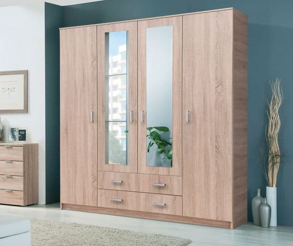 Leo Oak Effect 4 Door 2 Drawer Large Wardrobe with Mirrors - 11008719