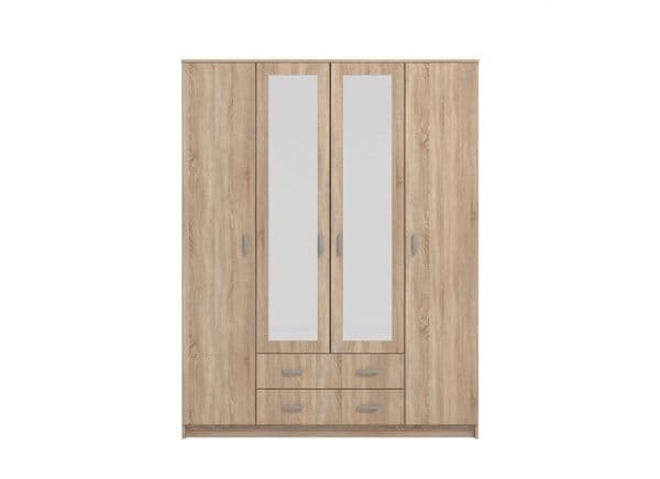 Leo Oak Effect 4 Door 2 Drawer Large Wardrobe with Mirrors - 11008719