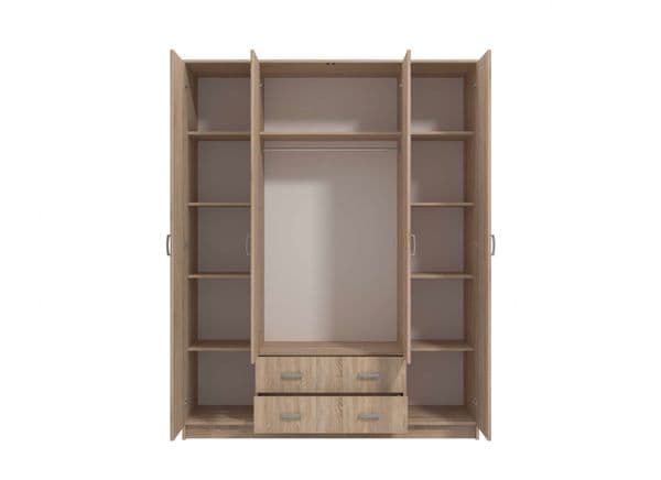 Leo Oak Effect 4 Door 2 Drawer Large Wardrobe with Mirrors - 11008719