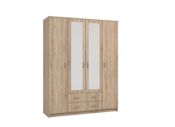 Leo Oak Effect 4 Door 2 Drawer Large Wardrobe with Mirrors - 11008719