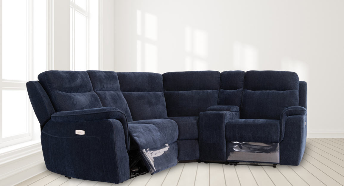 Aura Corner Reclining Sofa with Wireless Charging Port in Midnight Blue