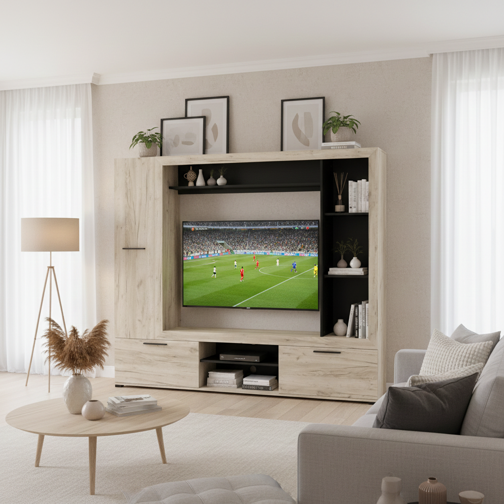 Ferrara Entertaiment Unit Wall TV Cabinet in Grey Oak and Black Wodd Effect -11014757
