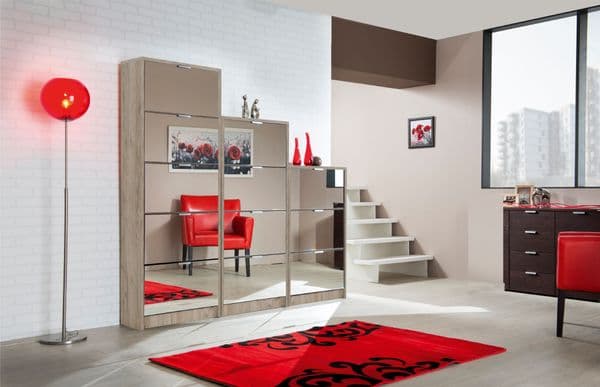 Sydney 3 Drawer Mirrored and Oak Effect Shoe Storage Cabinet - 11008519