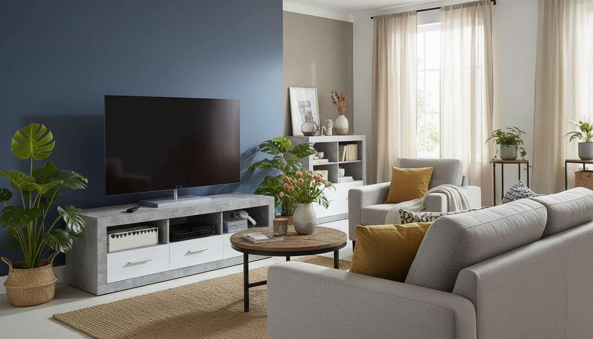 Cementara Concrete Grey Effect and White High Gloss TV Cabinet with Drawers P9BBGS63