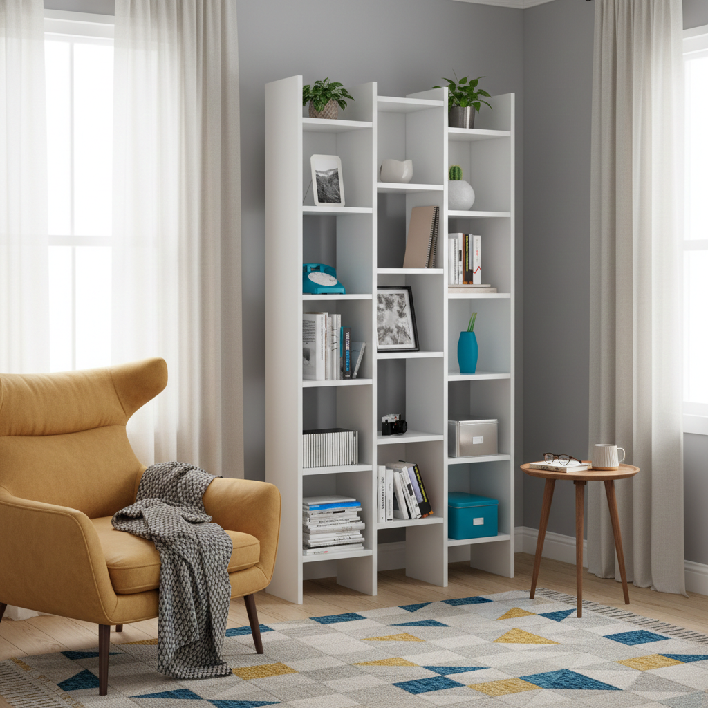 Zia Bookcase White Modern Triple Bookshelf- 002257A