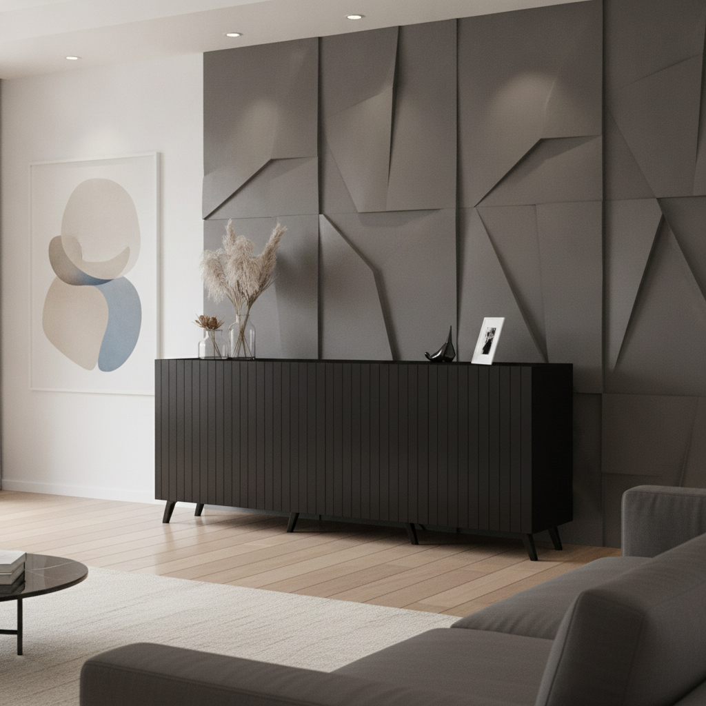 Nora Matte Black Slatted 4 Door Wide Elegant Sideboard