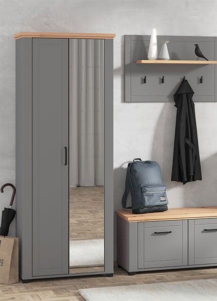 Madrid Grey And Artisan Oak Slim Narrow Shallow Depth Mirrored Wardrobe - 11011371