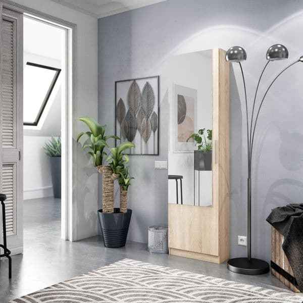 Florence Oak Tall Shoe Cabinet with Mirrored Door - 007864F