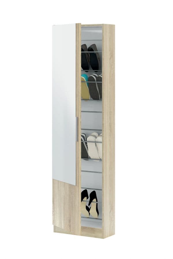 Florence Oak Tall Shoe Cabinet with Mirrored Door - 007864F