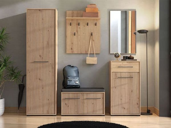 Lantier Slatted Artisan Oak Effect 2 Door Compact Hallway Shoe Storage Bench - 11013432
