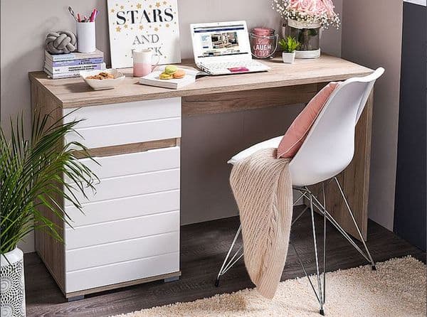 Verona Oak and White Gloss Desk With Drawer and Cupboard- 11008650