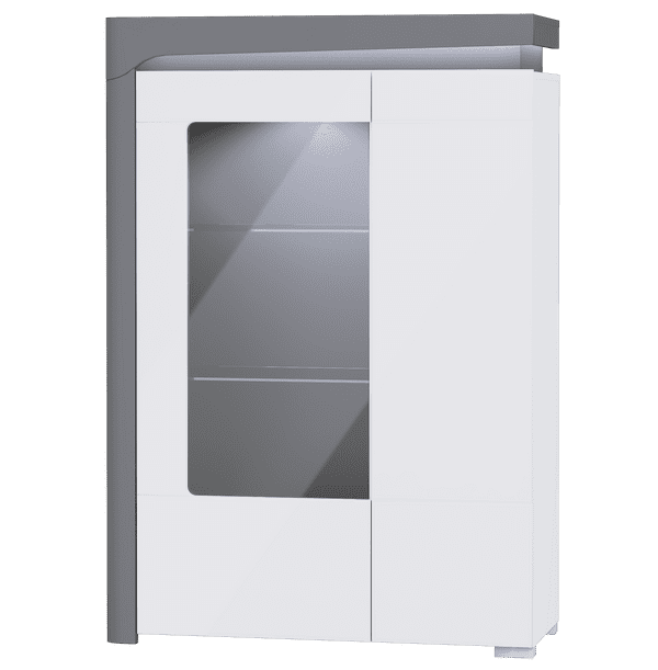 Serava White High Gloss And Grey Low Wide Display Cabinet With LED Lights WHW-2L-N14
