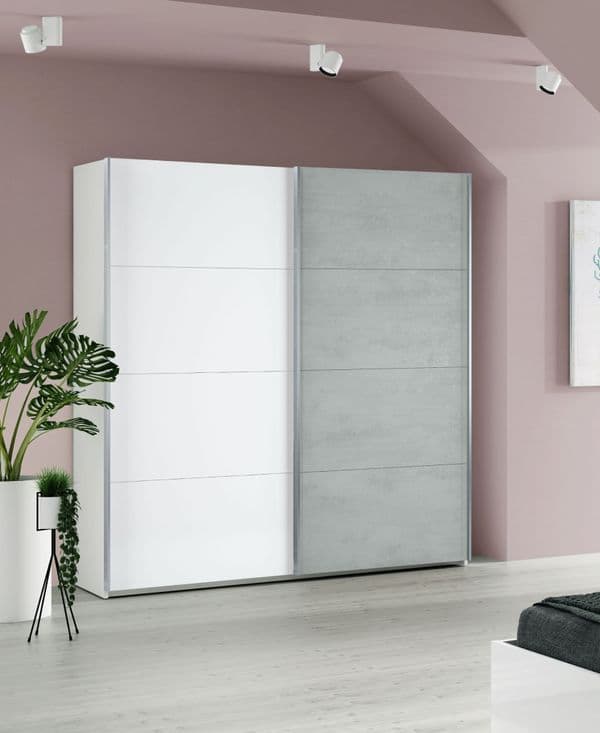 Lina White and Concrete Grey Effect Sliding 2 Door Wardrobe 150cm Wide - ARM154A