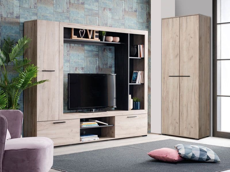 Ferrara Entertaiment Unit Wall TV Cabinet in Grey Oak and Black Wodd Effect -11008352