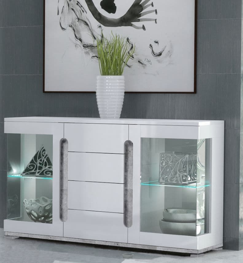 Zenora Wide Sideboard in Glossed White and Ash Grey