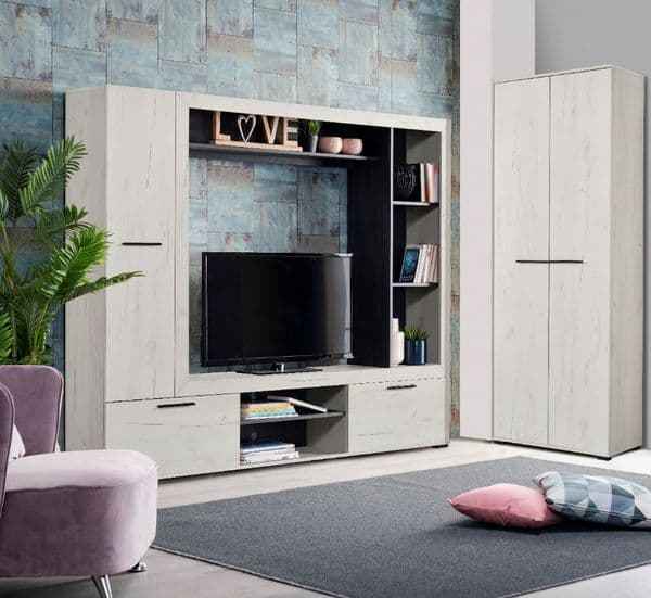 Ferrara Entertaiment Unit Wall TV Cabinet in White Oak and Black -11014772