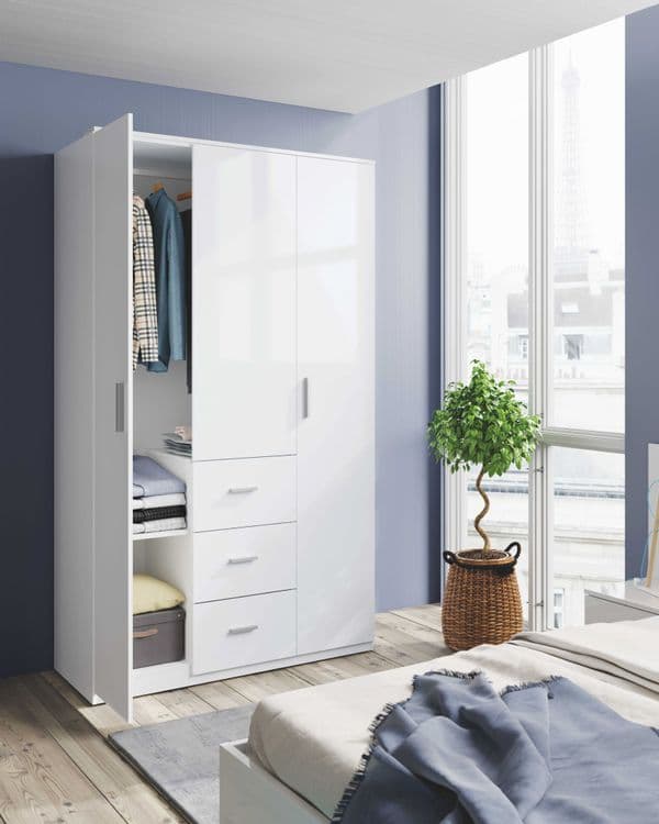 Sterling Artic White Small Narrow 3 Door 3 Drawer Space-Saving Wardrobe 117cm Wide - WRD353BO
