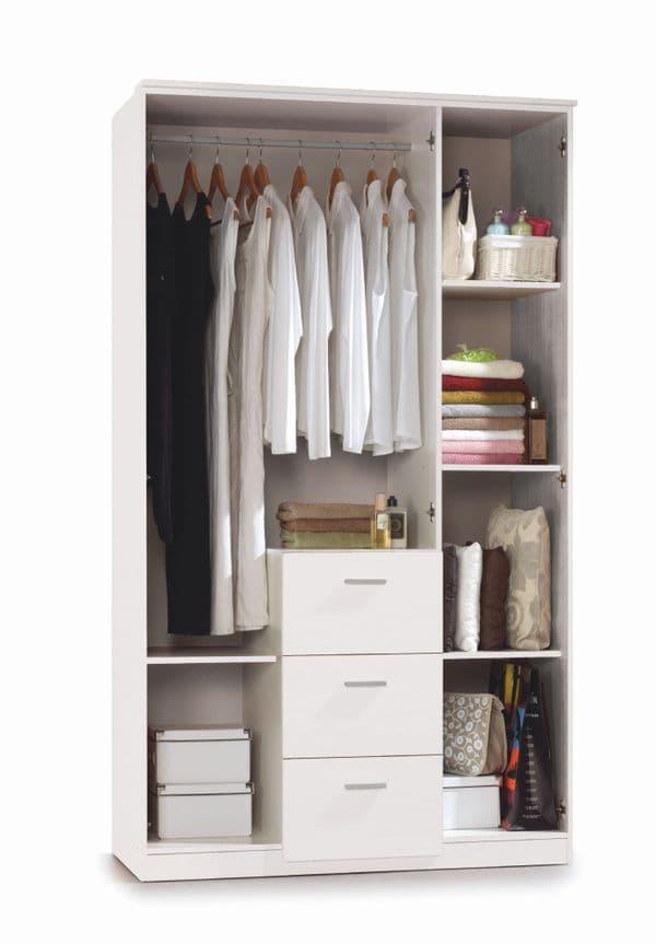 Sterling Artic White Small Narrow 3 Door 3 Drawer Space-Saving Wardrobe 117cm Wide - WRD353BO