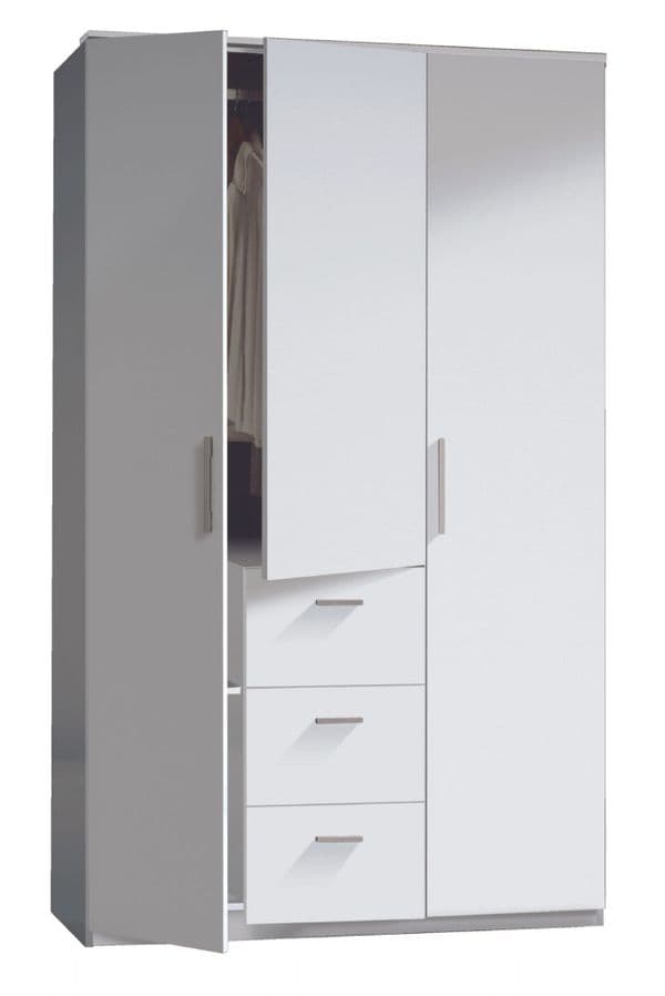 Sterling Artic White Small Narrow 3 Door 3 Drawer Space-Saving Wardrobe 117cm Wide - WRD353BO