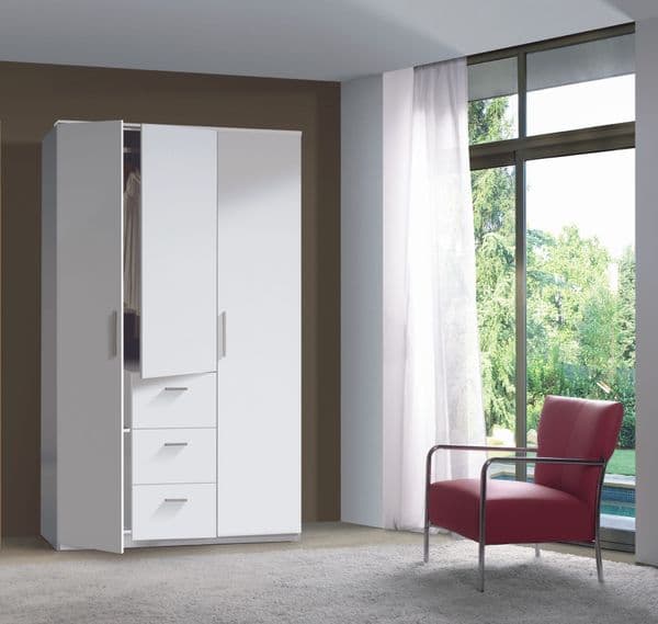 Sterling Artic White Small Narrow 3 Door 3 Drawer Space-Saving Wardrobe 117cm Wide - WRD353BO