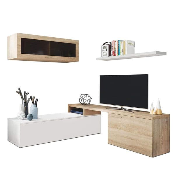 Isla White Gloss And Oak Effect Reversible L-Shaped TV Entertainment Wall Unit Cabinet -016667F