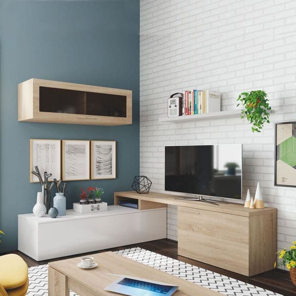 Isla White Gloss And Oak Effect Reversible L-Shaped TV Entertainment Wall Unit Cabinet -016667F