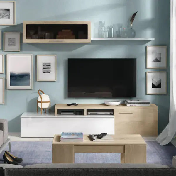 Isla White Gloss And Oak Effect Reversible L-Shaped TV Entertainment Wall Unit Cabinet -016667F