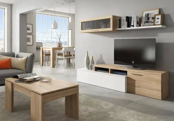 Isla White Gloss And Oak Effect Reversible L-Shaped TV Entertainment Wall Unit Cabinet -016667F