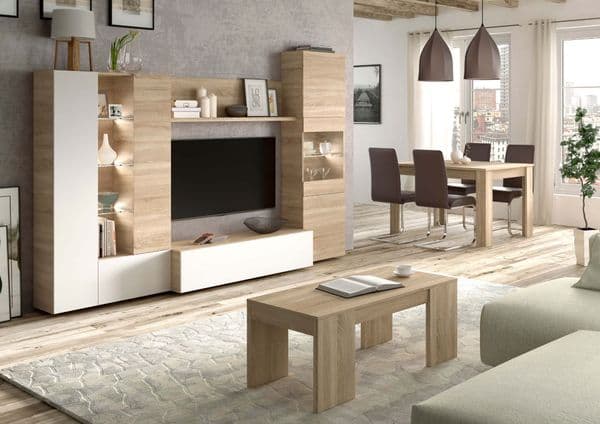 Marzia White Gloss and Oak Large TV Entertainment Wall Unit - 016642F