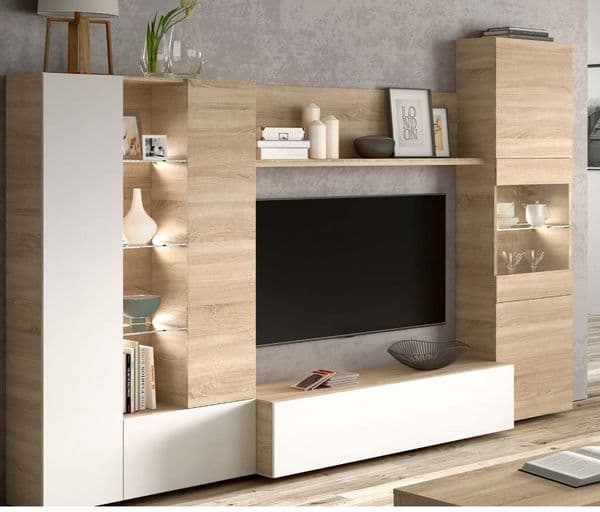 Marzia White Gloss and Oak Large TV Entertainment Wall Unit - 016642F