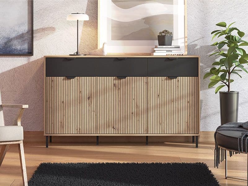 Meyelisse Artisan Oak Effect Slatted And Black 3 Door Sideboard - 11013359