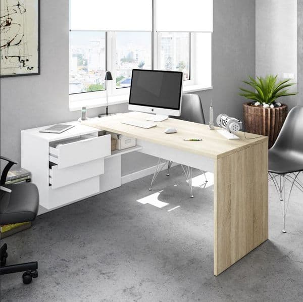 Princela White and Oak Large Corner Desk with Drawers- 0F4655A