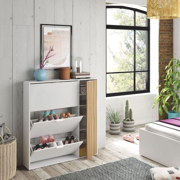 Lion Natural Oak Effect and White Large Shoe Cabinet With Drawer - 0E7819A