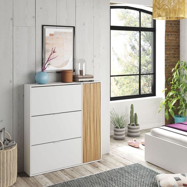Lion Natural Oak Effect and White Large Shoe Cabinet With Drawer - 0E7819A