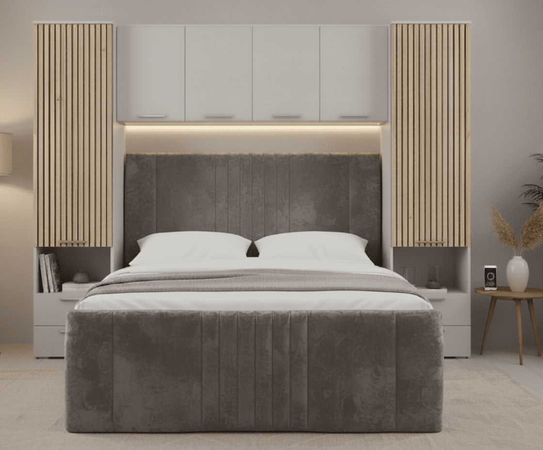 Miracle Cashmere Taupe and Slat Effect Overbed Unit with Double or Kingsize Bed Bedroom Furniture SET - 3484/ANDREA