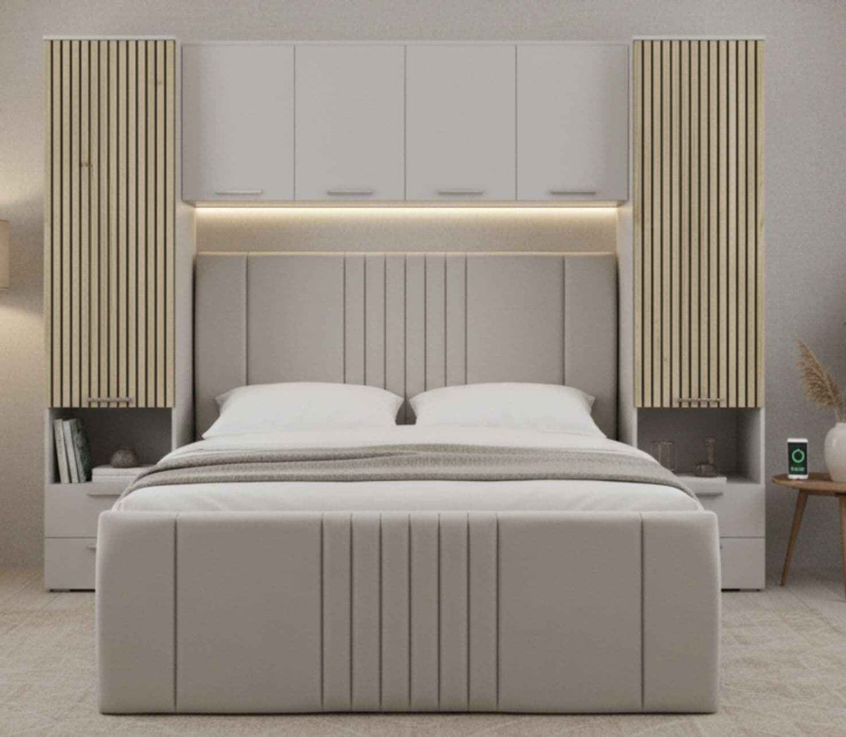 Miracle Cashmere Taupe and Slat Effect Overbed Unit with Double or Kingsize Bed Bedroom Furniture SET - 3484/ANDREA