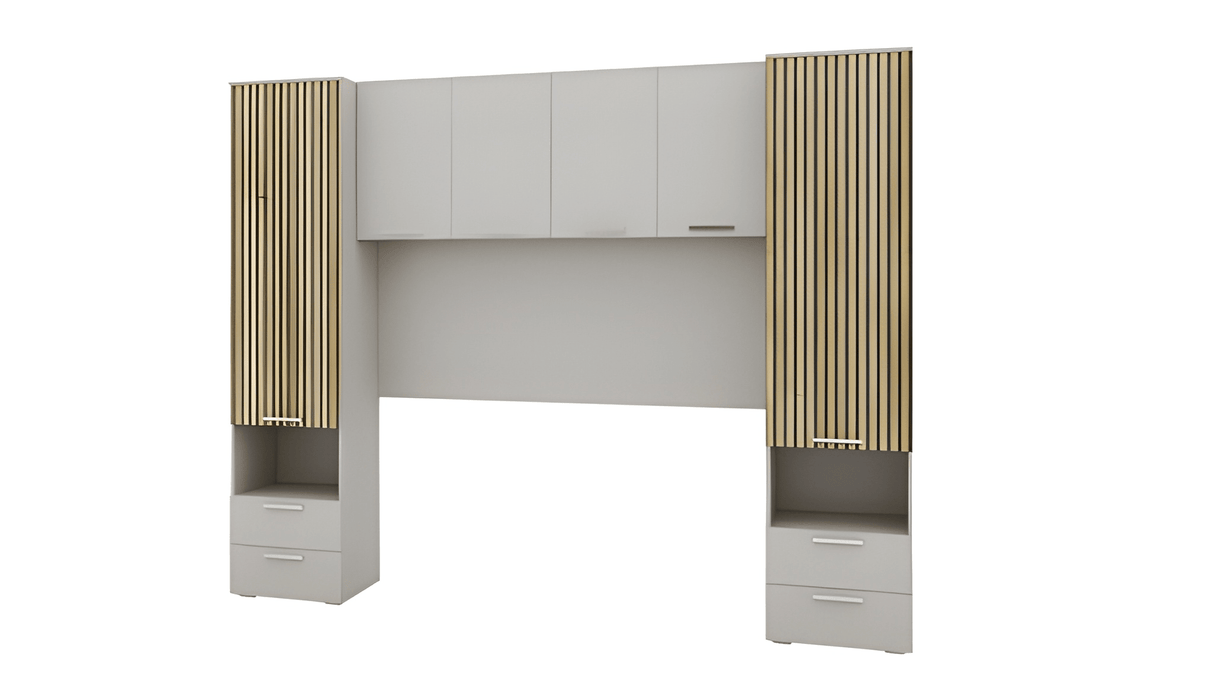 Miracle Cashmere Taupe and Slat Effect Overbed Unit with Double or Kingsize Bed Bedroom Furniture SET - 3484/ANDREA